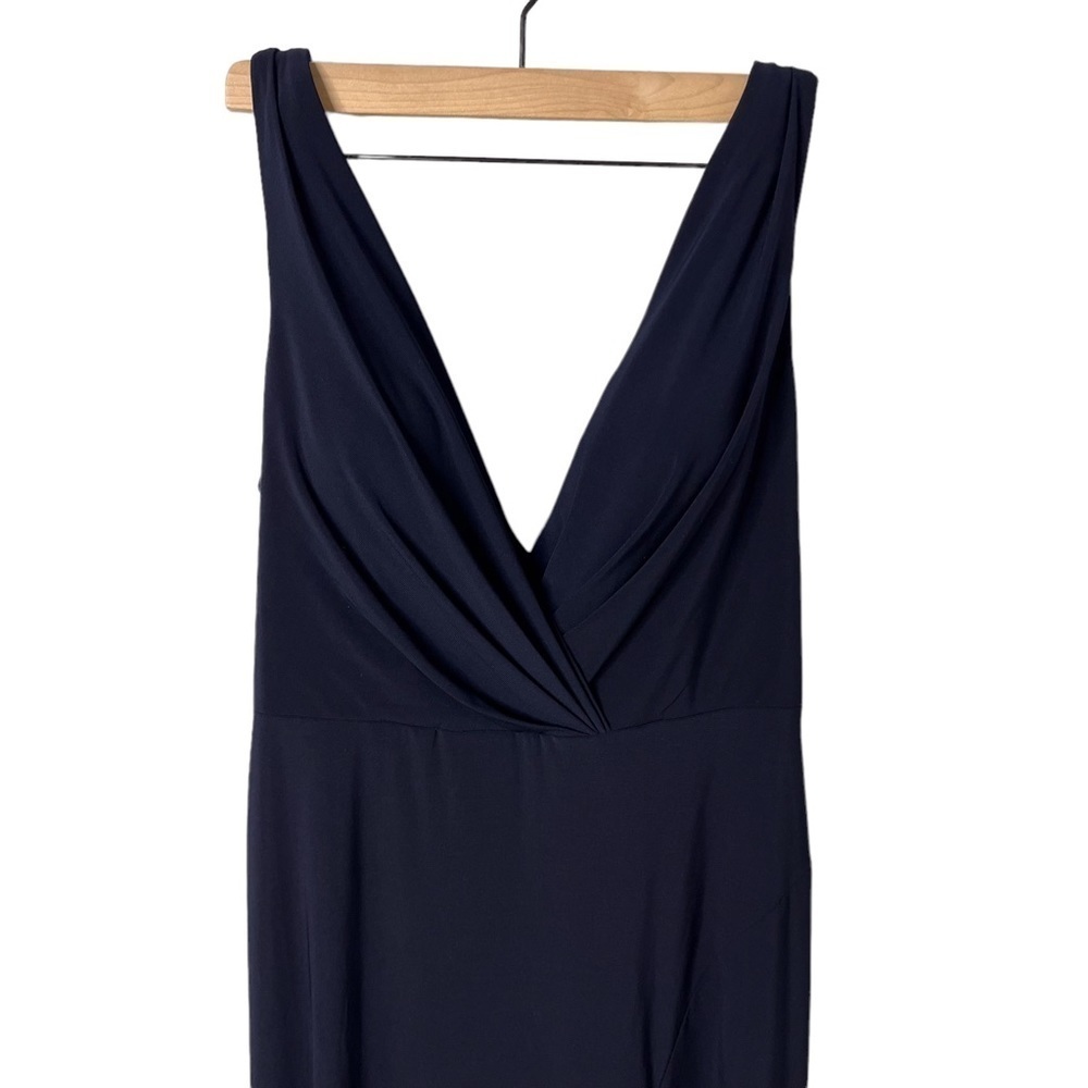 Mac Duggal Ruched Deep V Neck Gown Sleeveless Dress Leg Slit Navy Blue Size 12 - Picture 7 of 11